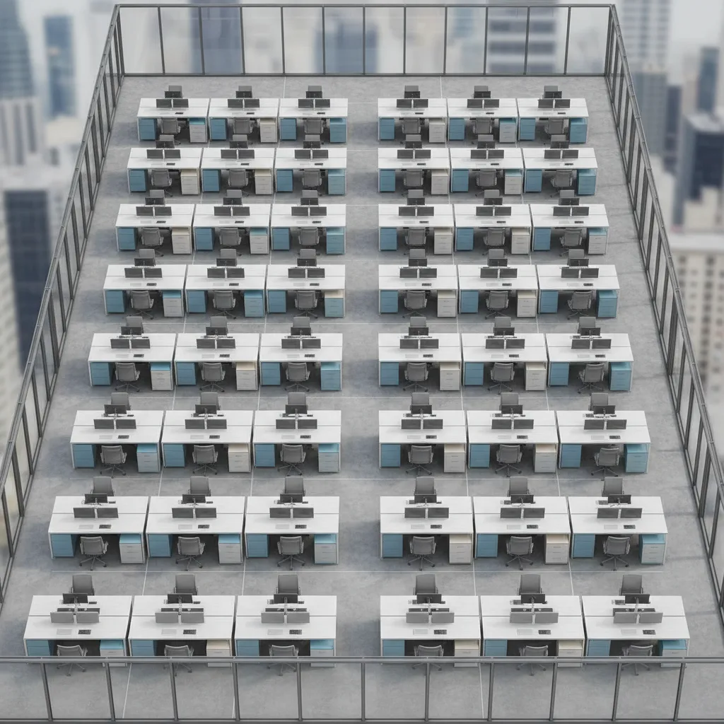 Office floor plan with repeated workstation blocks demonstrating CAD block efficiency