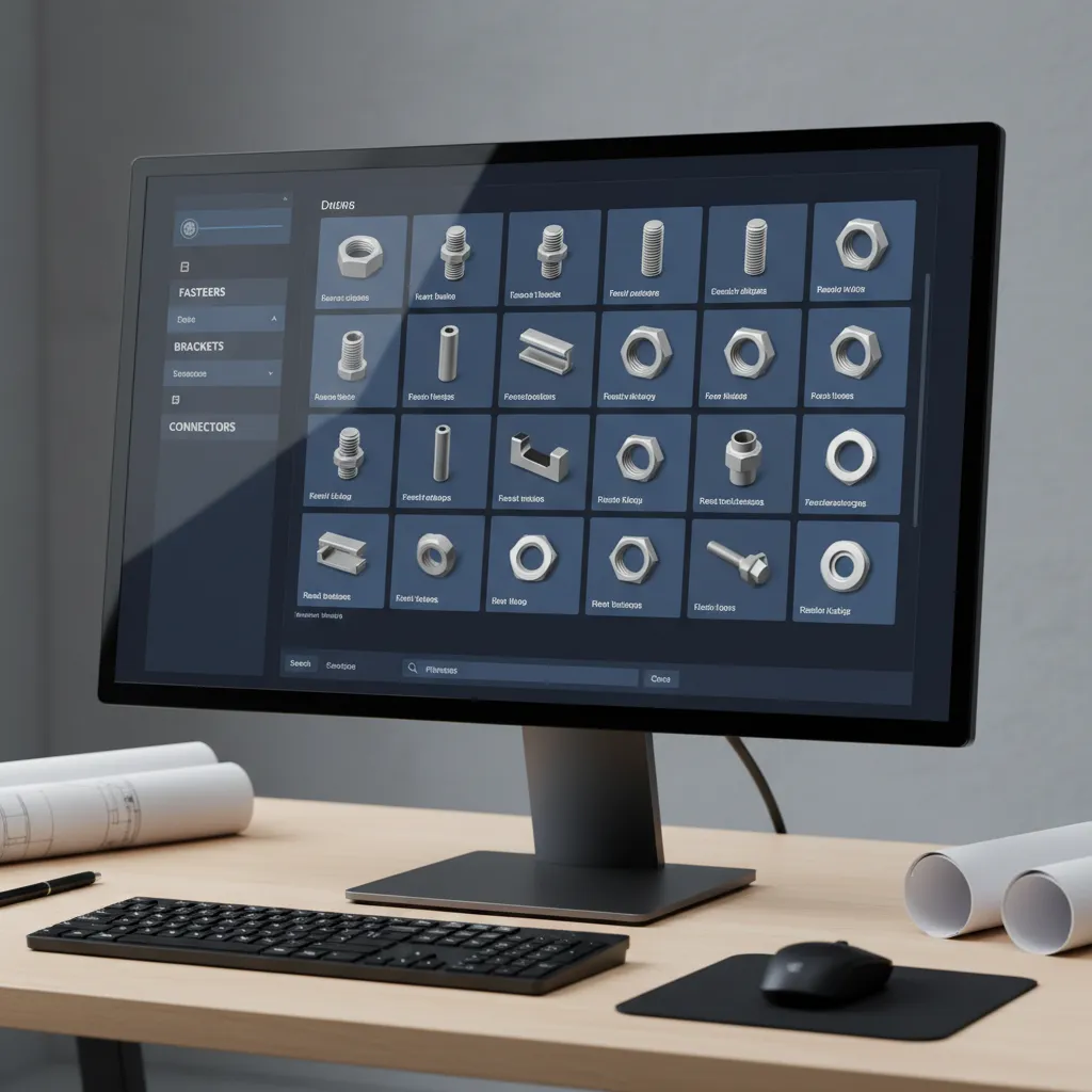 CAD software interface displaying organized component library with mechanical parts