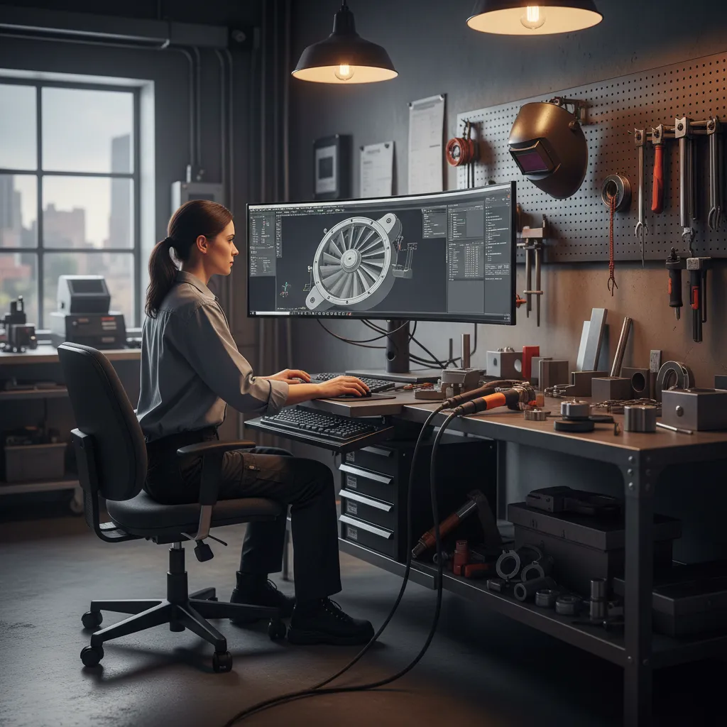 Engineer using CAD software inside a small metal fabrication shop