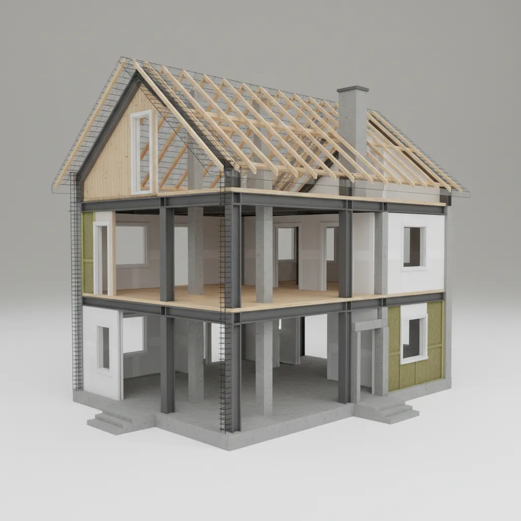 Modelo CAD detallado de una vivienda con estructura visible