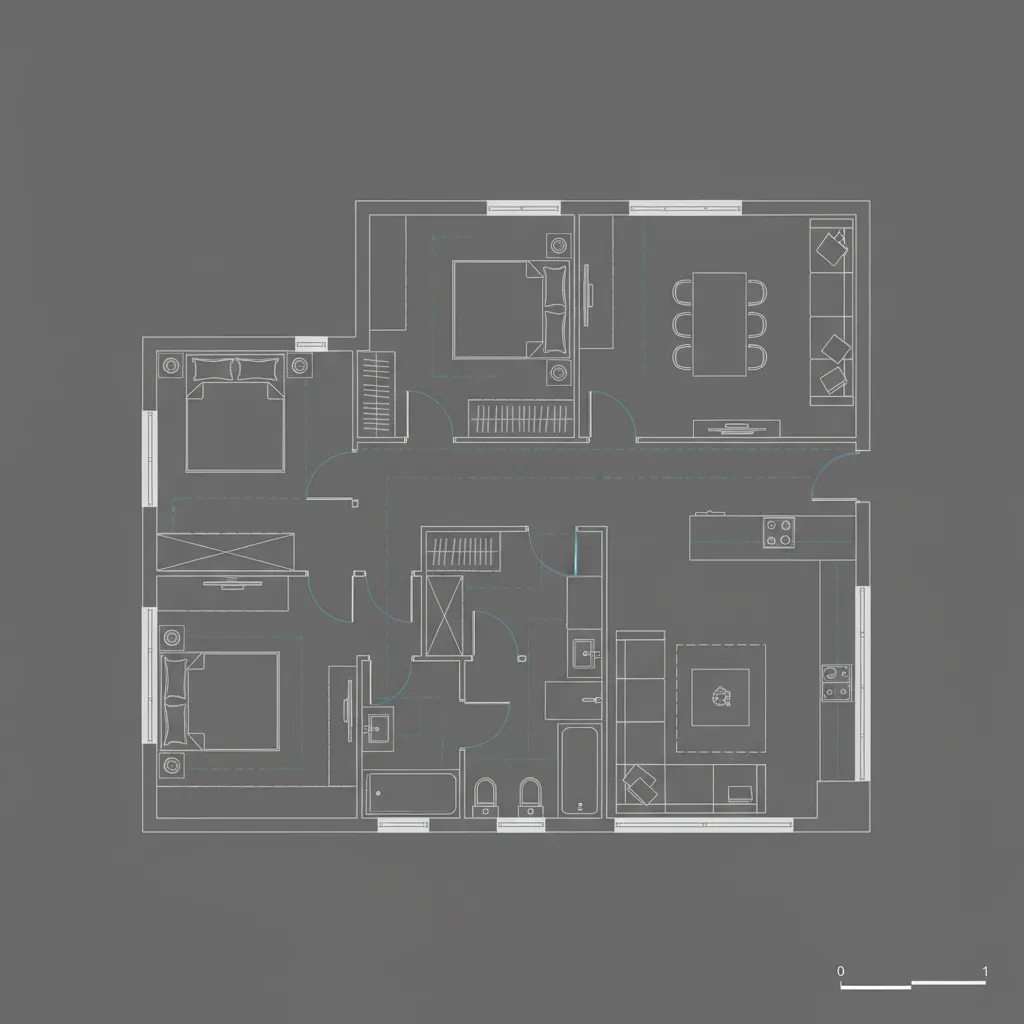 Plano CAD mostrando radios de apertura de puertas