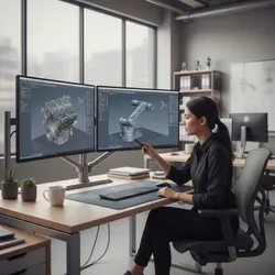 Woman sitting at office desk using dual monitors to create a detailed interior design drawing