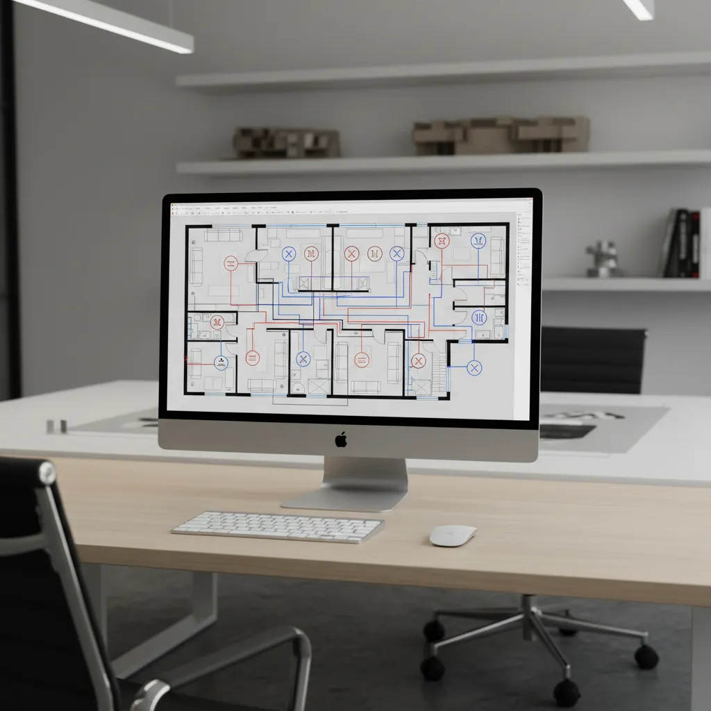 computer screen showing CAD electrical floor plan drawing with symbols and layers