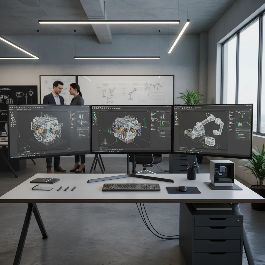 engineering workstation showing CAD mechanical assembly models on multiple monitors