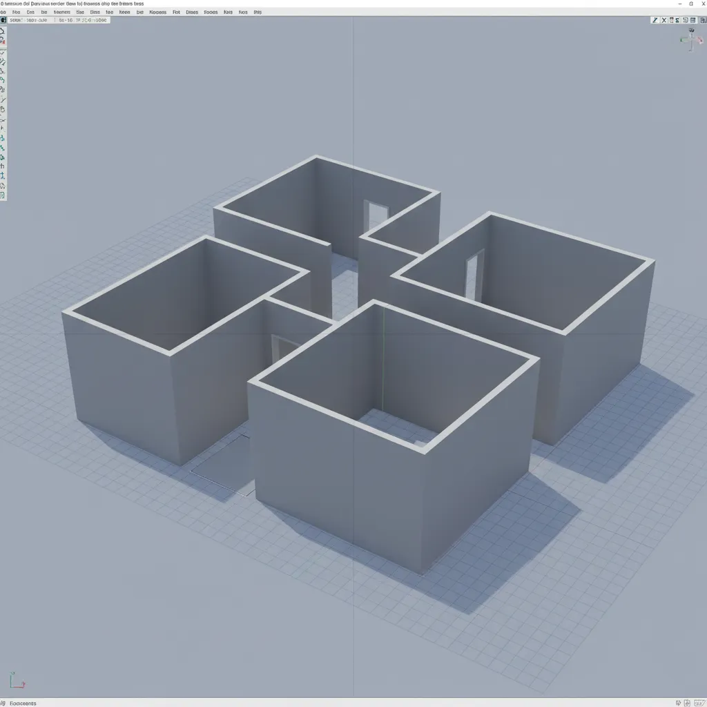 3D CAD modeling interface showing walls extruded from a floor plan outline