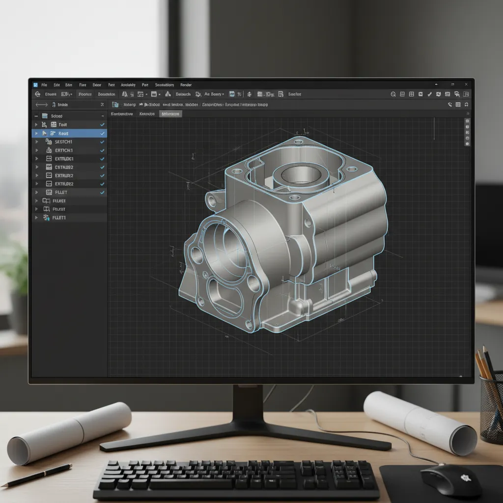CAD feature tree panel showing structured parametric modeling steps