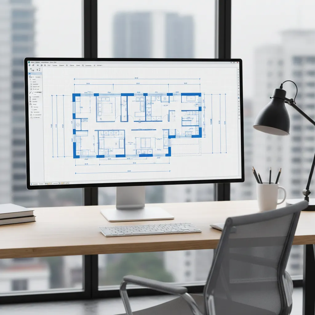 computer screen showing detailed CAD floor plan layout with walls and measurements