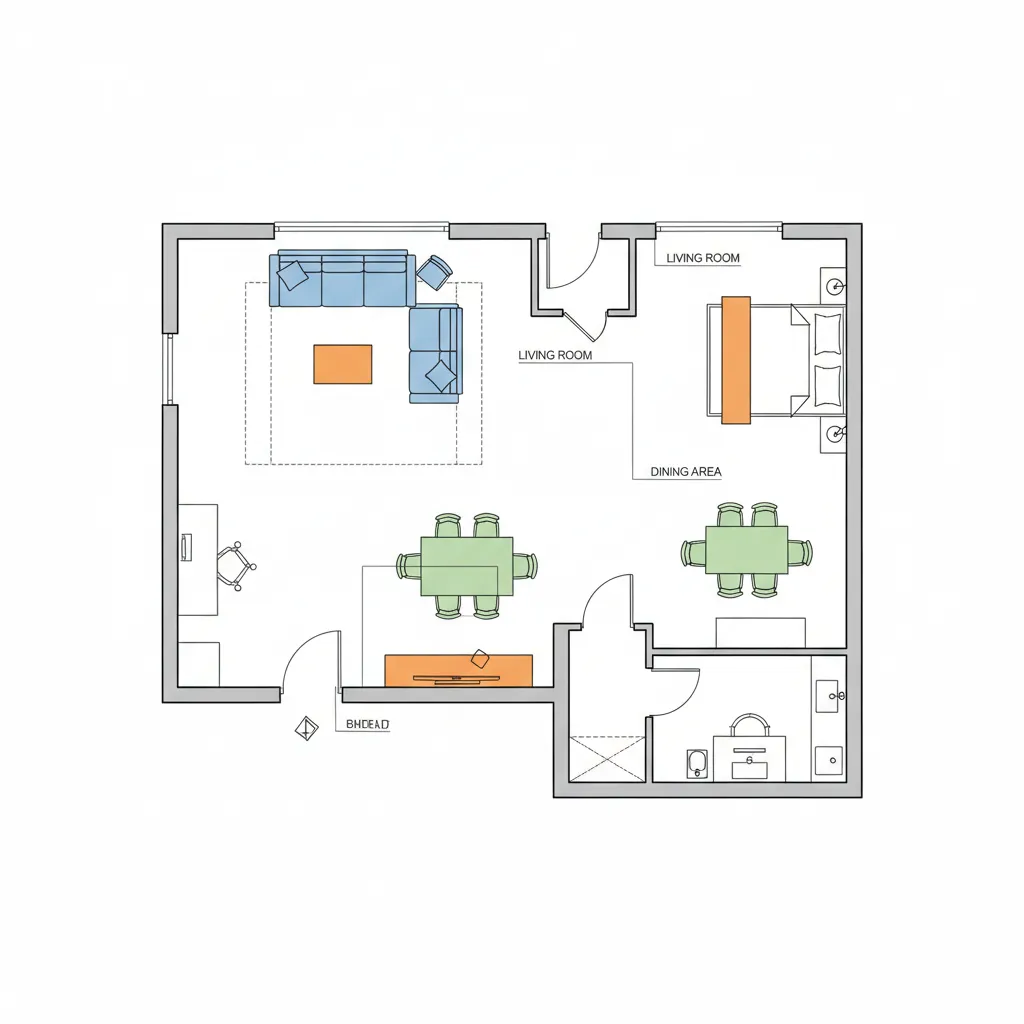 CAD floor plan with furniture blocks placed in living room and bedroom layout