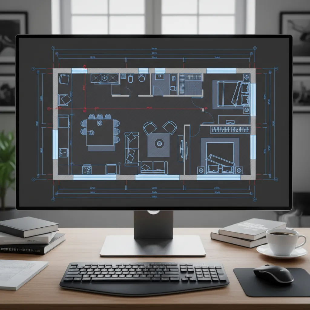 Plano CAD de vivienda con mobiliario y medidas