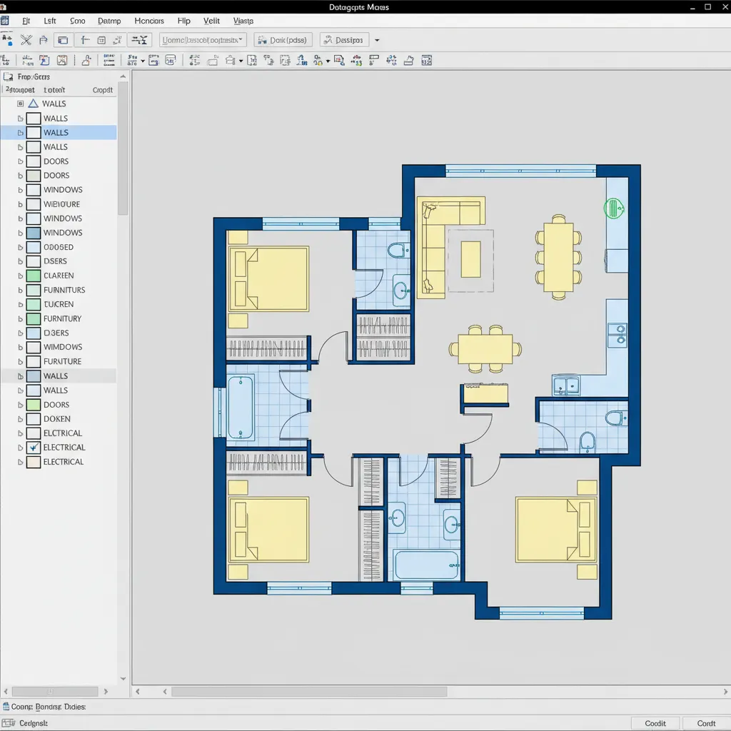 planta dwg mostrando layers organizados em projeto residencial