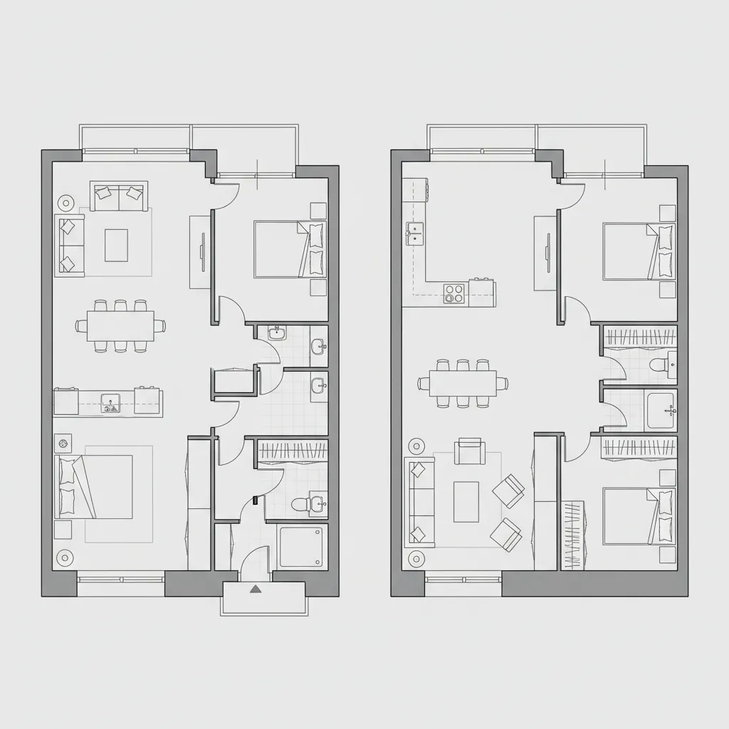 comparison of two CAD floor plan layout variations for apartment design
