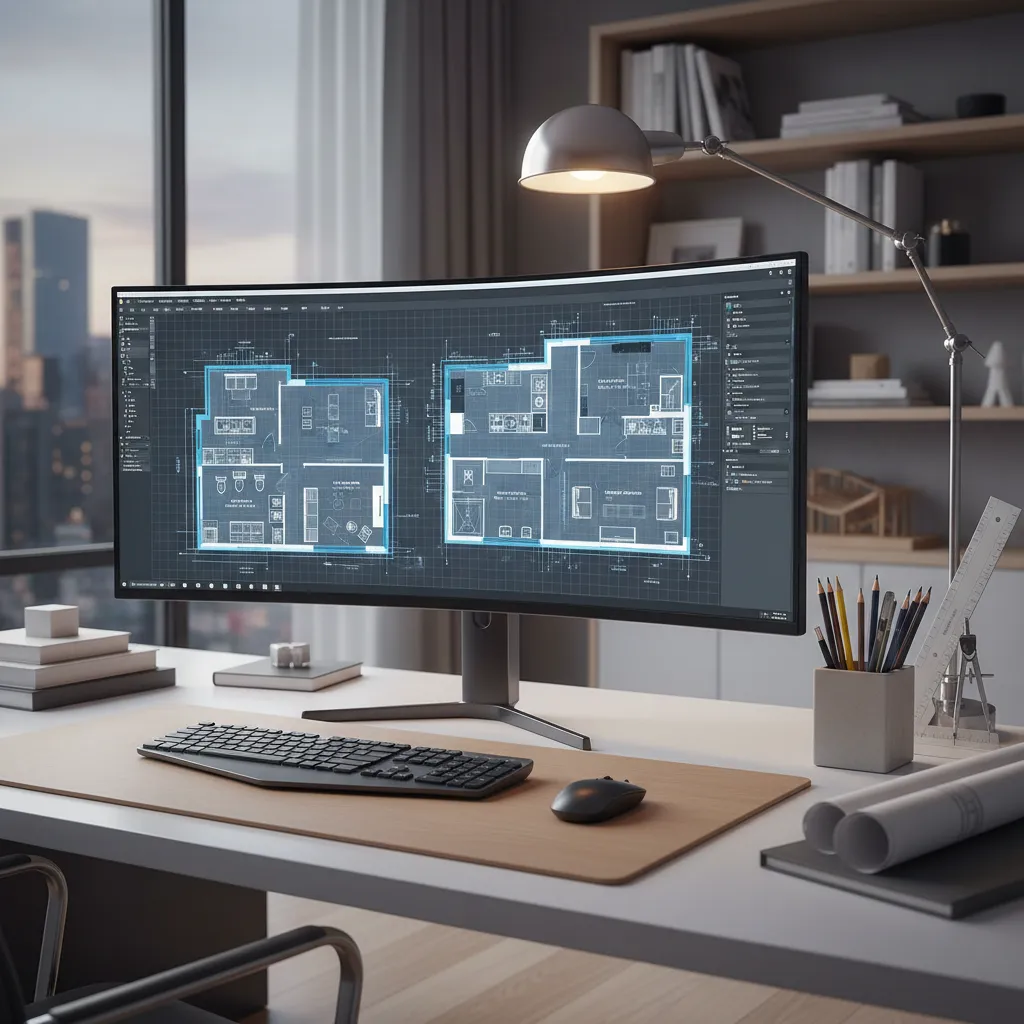 Digital CAD floor plan layout displayed on computer monitor with architectural grid lines