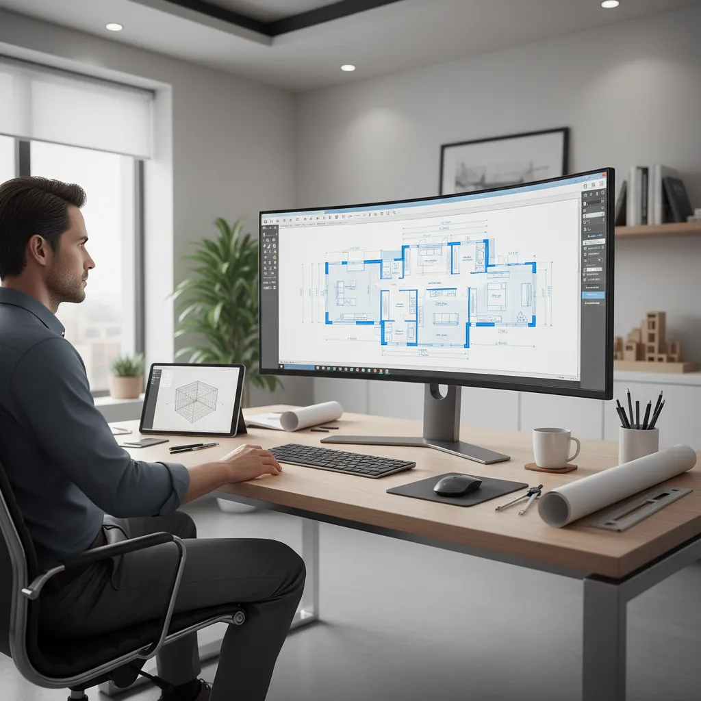 designer reviewing a CAD 2D floor plan before converting to a 3D architectural model