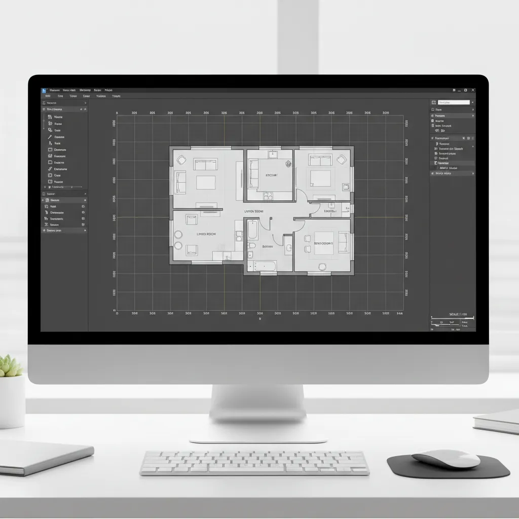 CAD software interface showing a scaled floor plan with measurement grid and scale bar