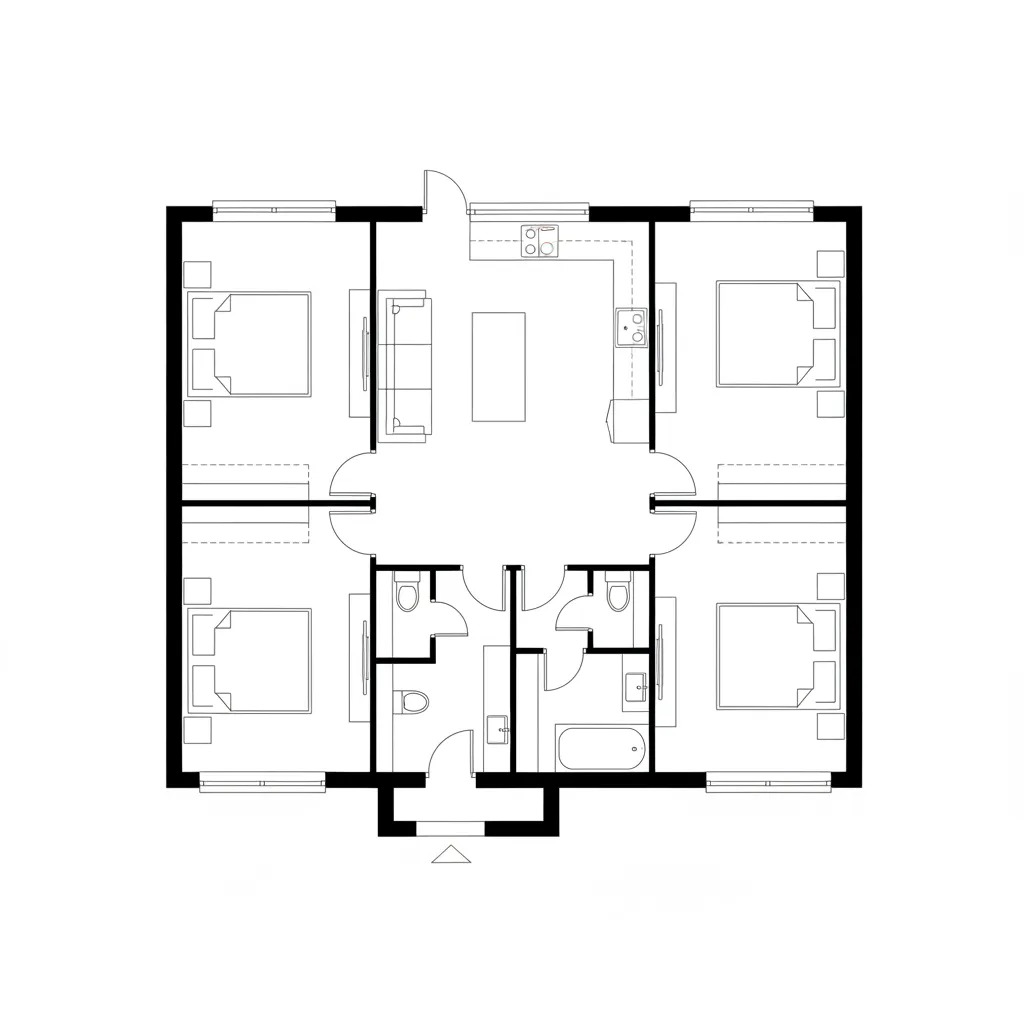 CAD layout showing walls, doorways, and circulation paths in a residential floor plan