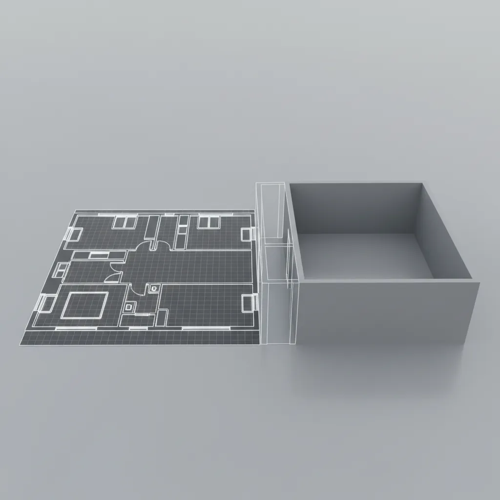 CAD floor plan being converted into 3D wall geometry in architectural modeling