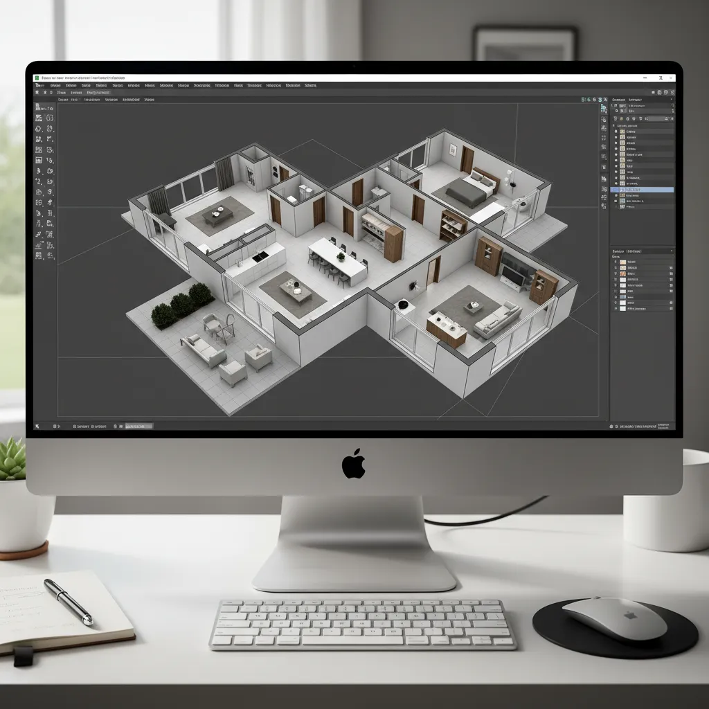 3D CAD model of a residential house layout displayed on a computer screen