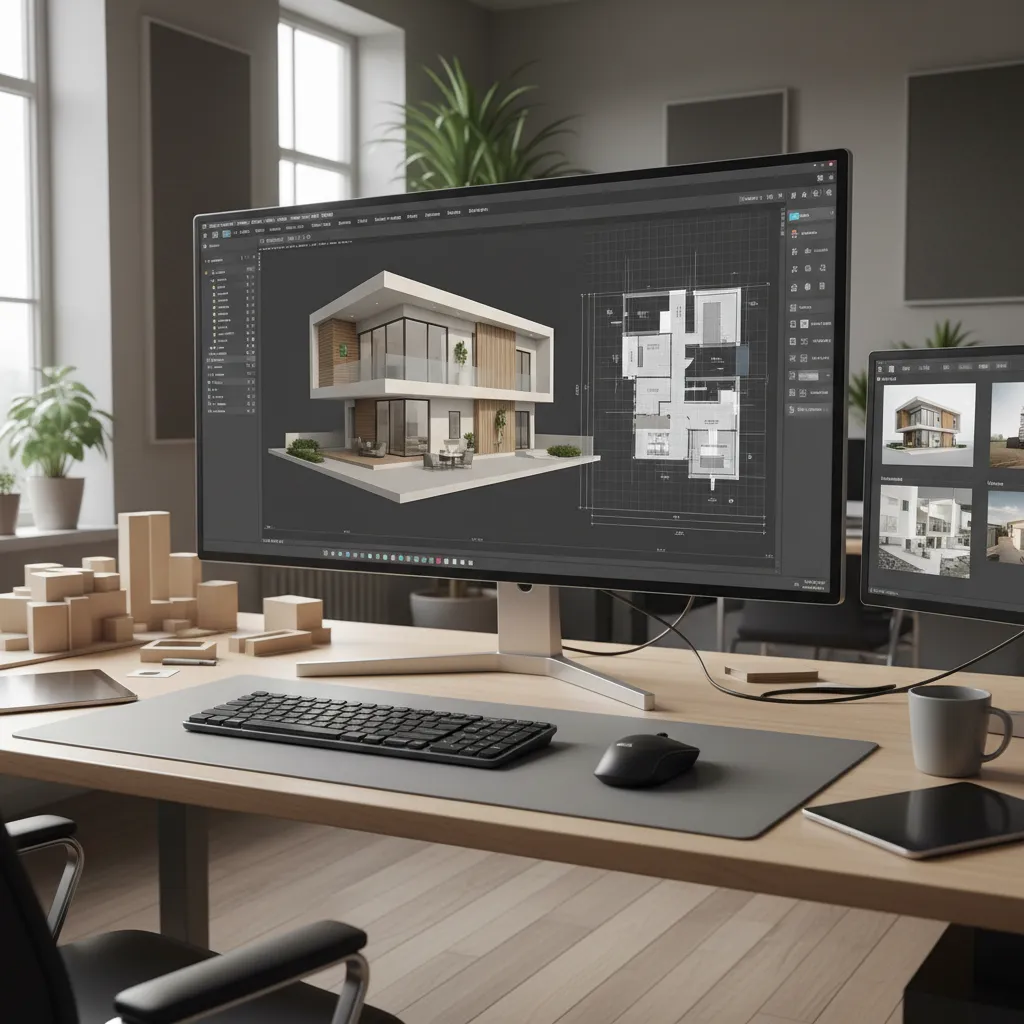 Computer screen displaying 3D home model and floor plan in CAD software