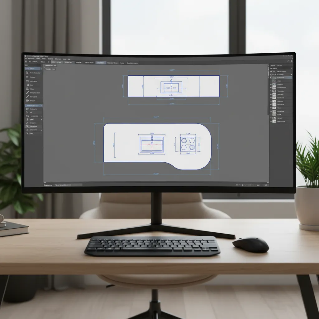 Computer screen showing CAD kitchen countertop layout with dimensions and appliance cutouts