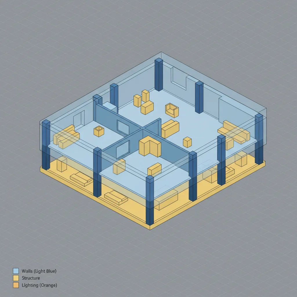 Architectural CAD model with layers separated showing walls furniture and structure