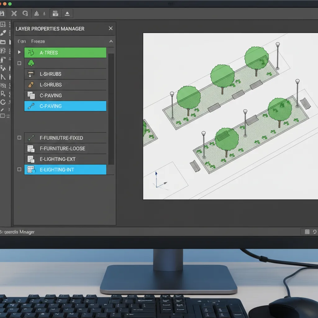 CAD layer manager showing organized layers for trees paving and furniture