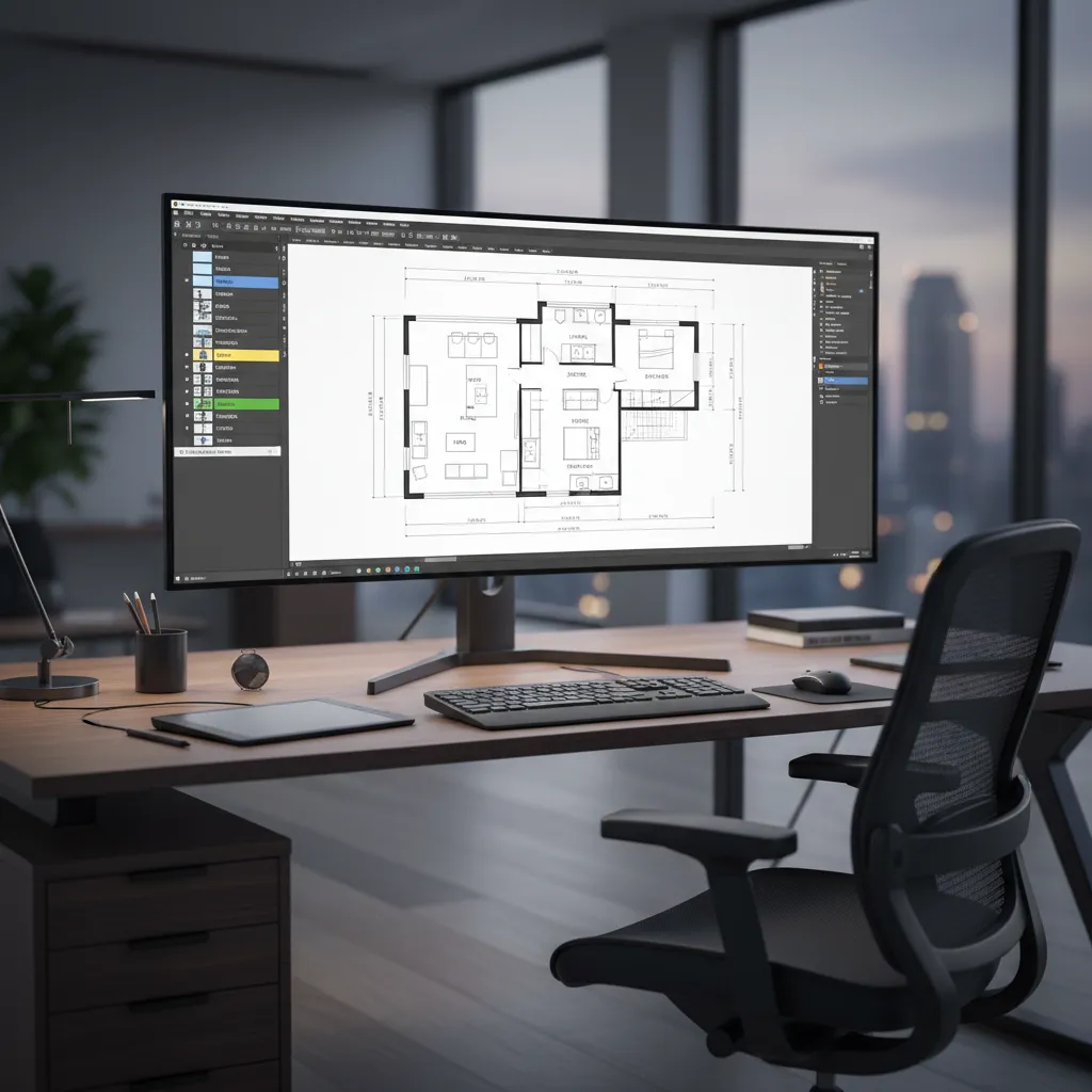 CAD interface showing organized architectural layers and template system