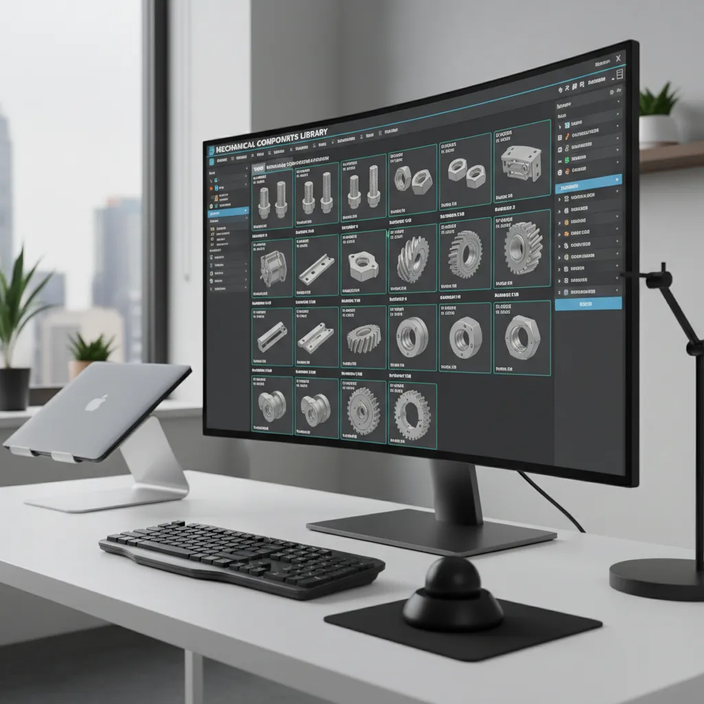 Computer screen displaying organized CAD mechanical components and parts library interface