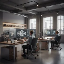 Modern office space with people using curved monitors to view detailed 3D models near windows