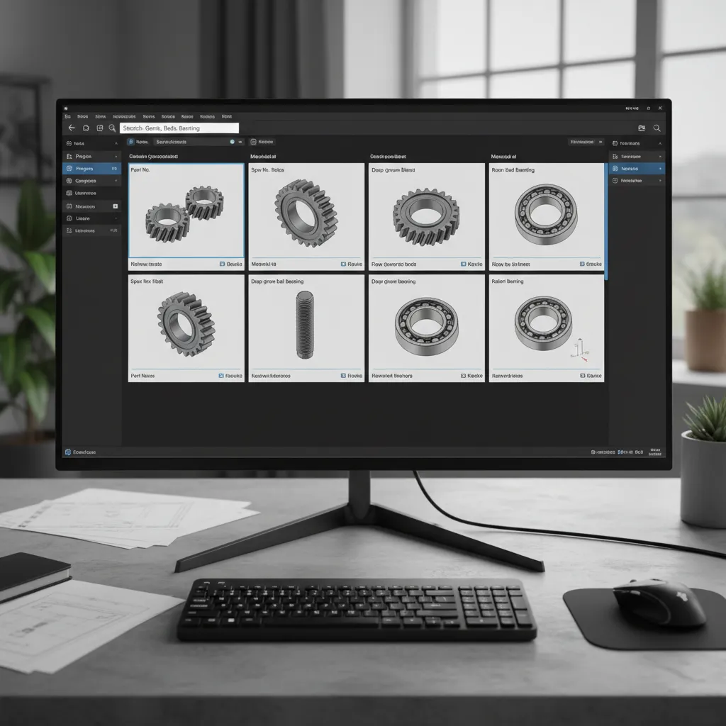 CAD software search interface displaying categorized mechanical components