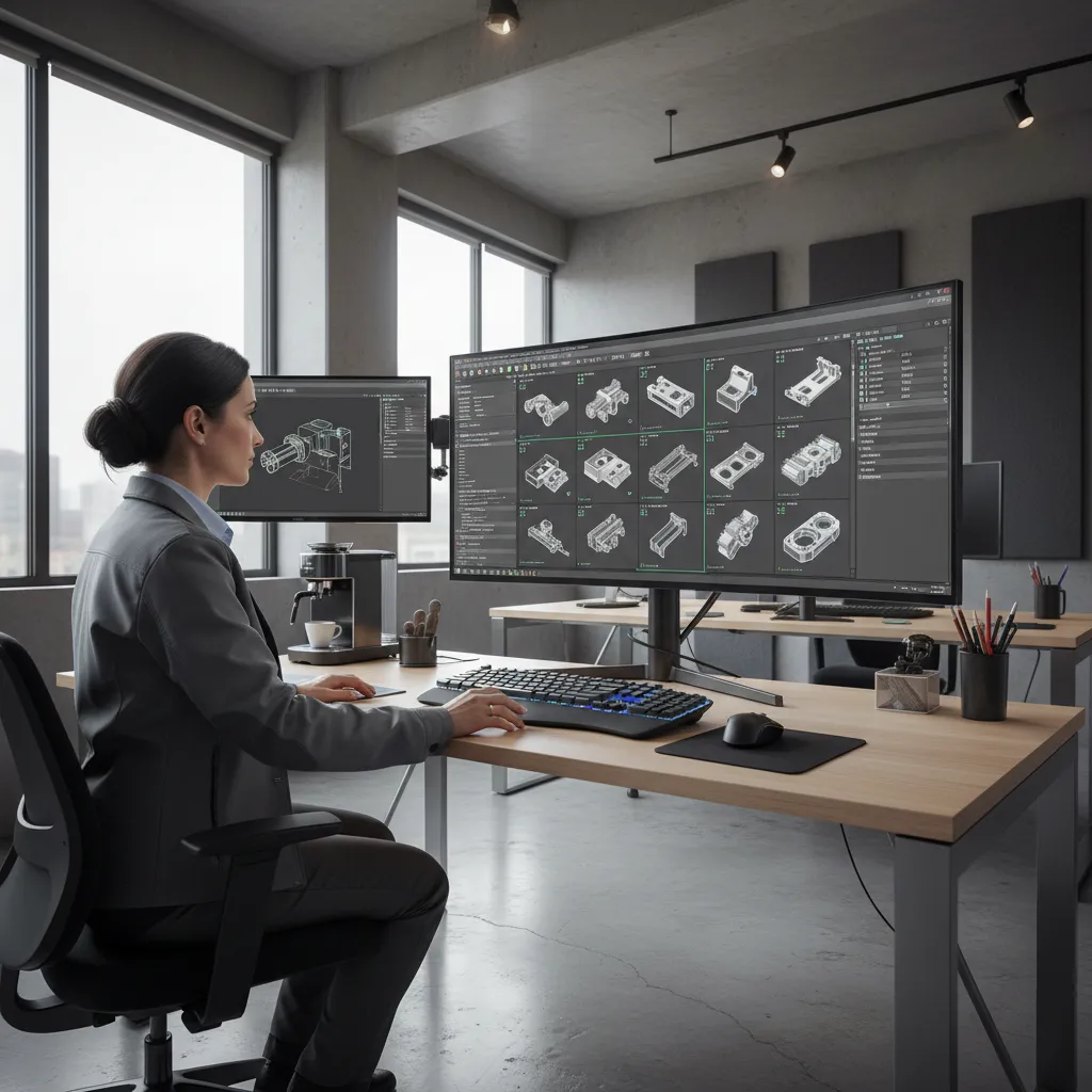 Designer downloading CAD models and reviewing them on a computer screen