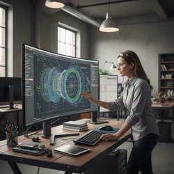 Professional woman at wooden desk examining complex three dimensional design drawing on a large screen