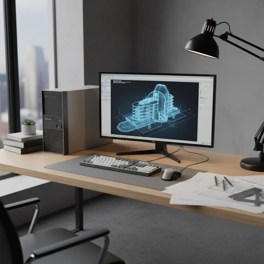 designer using CAD software on an older Windows 7 workstation