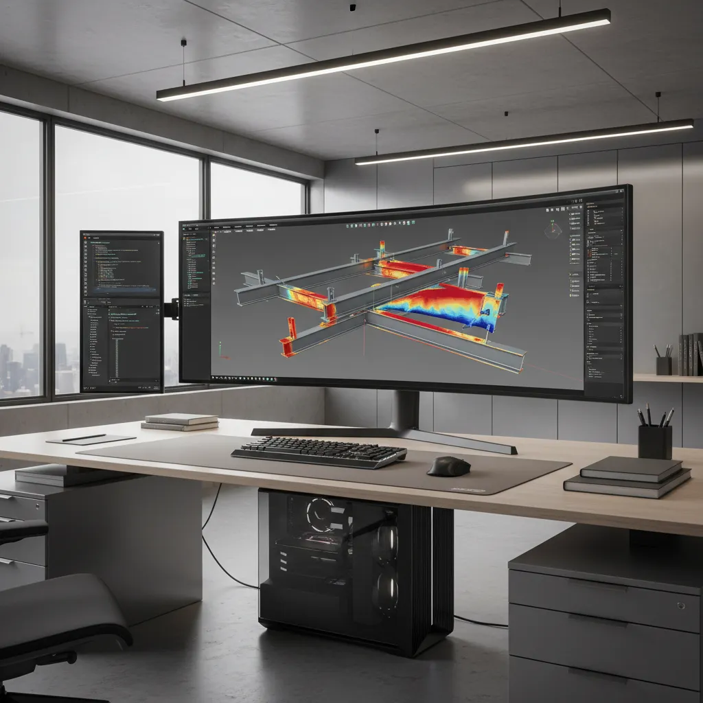 Large monitor displaying CAD model with simulation analysis results