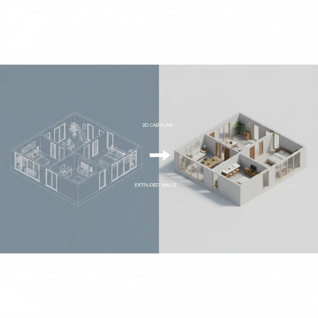 workflow showing CAD floor plan converted into 3D model with walls and furniture