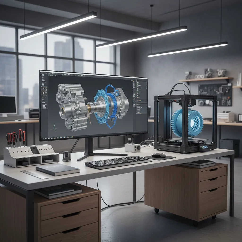 Mechanical CAD model on screen next to a 3D printer producing a prototype part