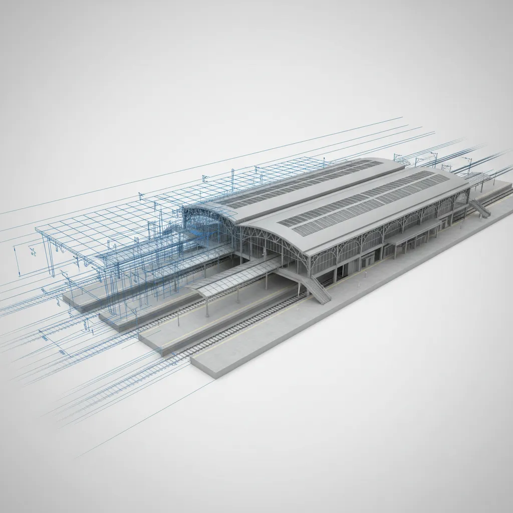 CAD floor plan being converted into a 3D railway station model