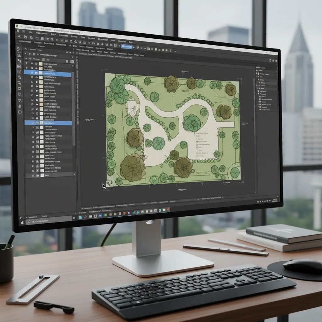 AutoCAD layer manager showing vegetation layers for tree blocks