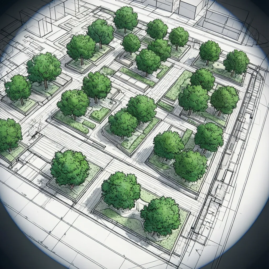 Landscape site plan with tree CAD blocks arranged in planting layout