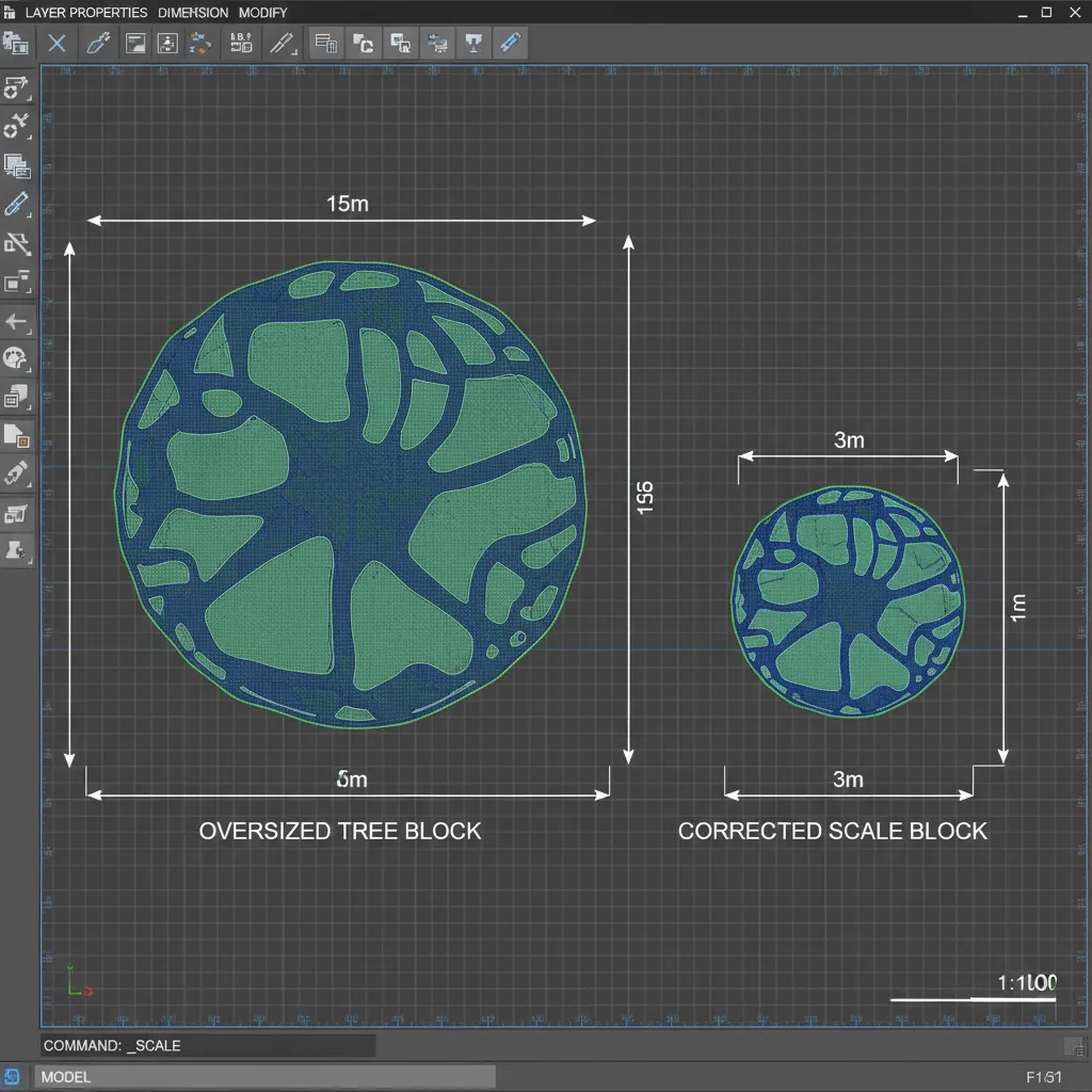 Tree CAD block scale comparison in landscape plan