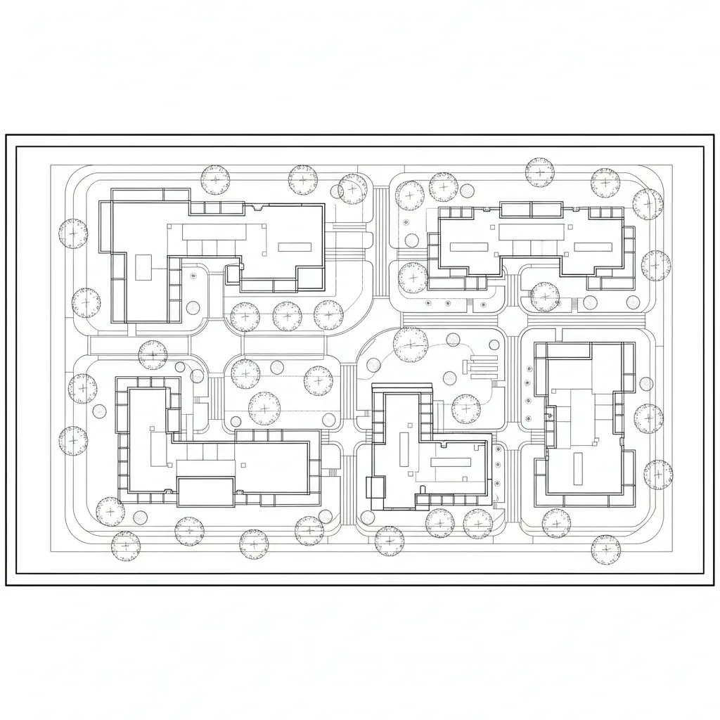 landscape site plan drawing showing tree CAD blocks placed around buildings and pathways