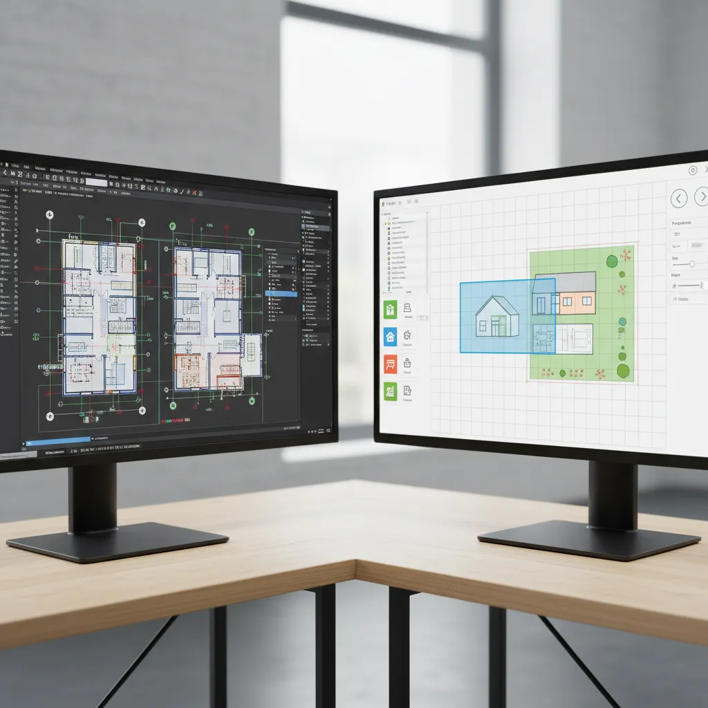 Side by side comparison of CAD drafting interface and online site plan generator layout editor