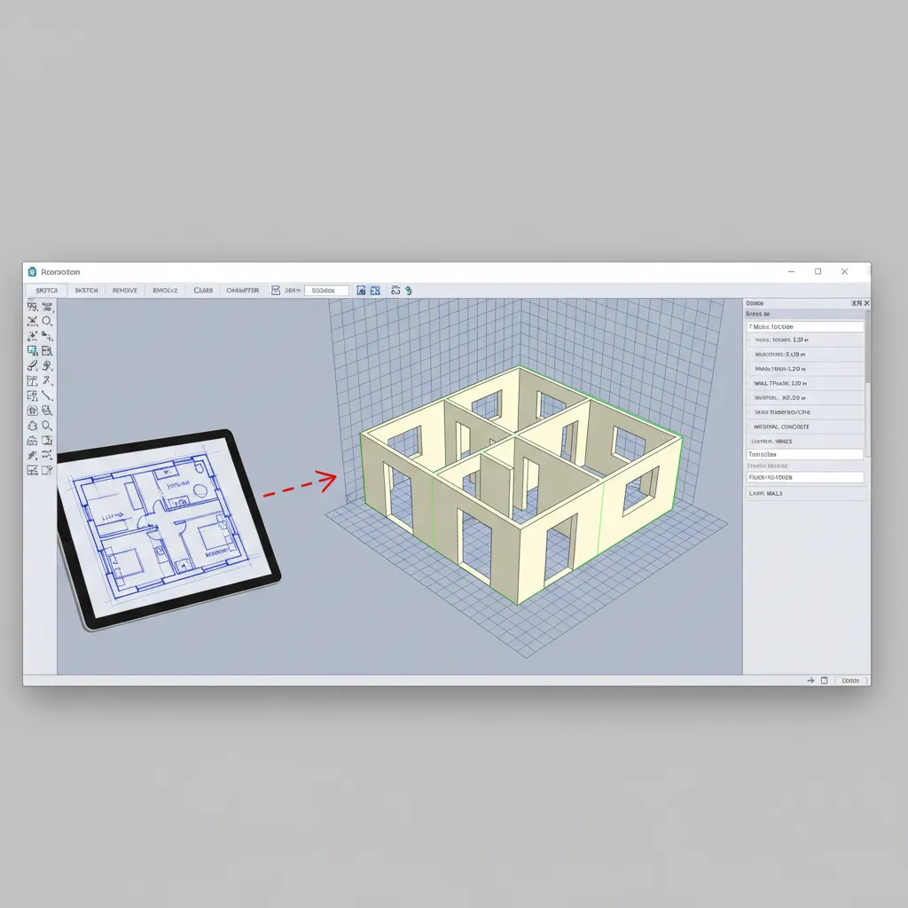 Proceso de extrusión de muros en un modelo CAD de vivienda