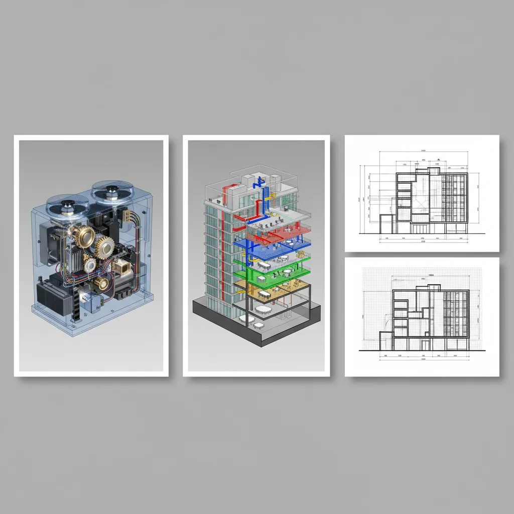 visual comparison of mechanical modeling BIM modeling and CAD drafting approaches to floor plans