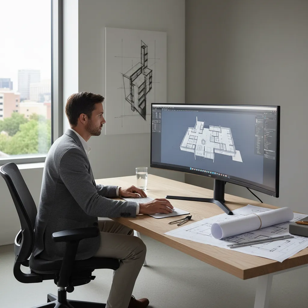 Designer reviewing CAD drawings and digital architectural plans