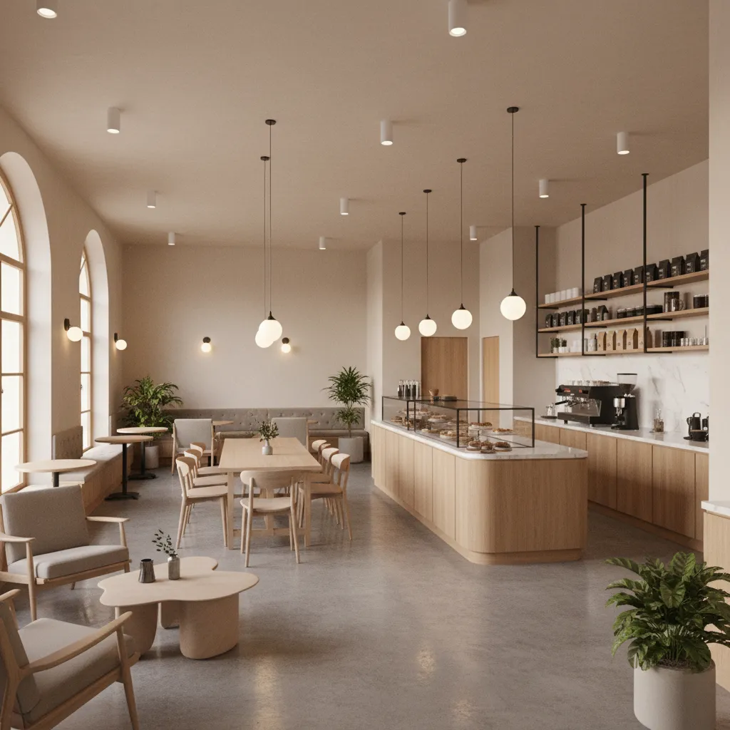 Render 3D de diseño interior de cafetería antes de construcción