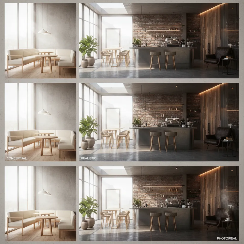 multiple cafe interior render styles showing differences in rendering quality