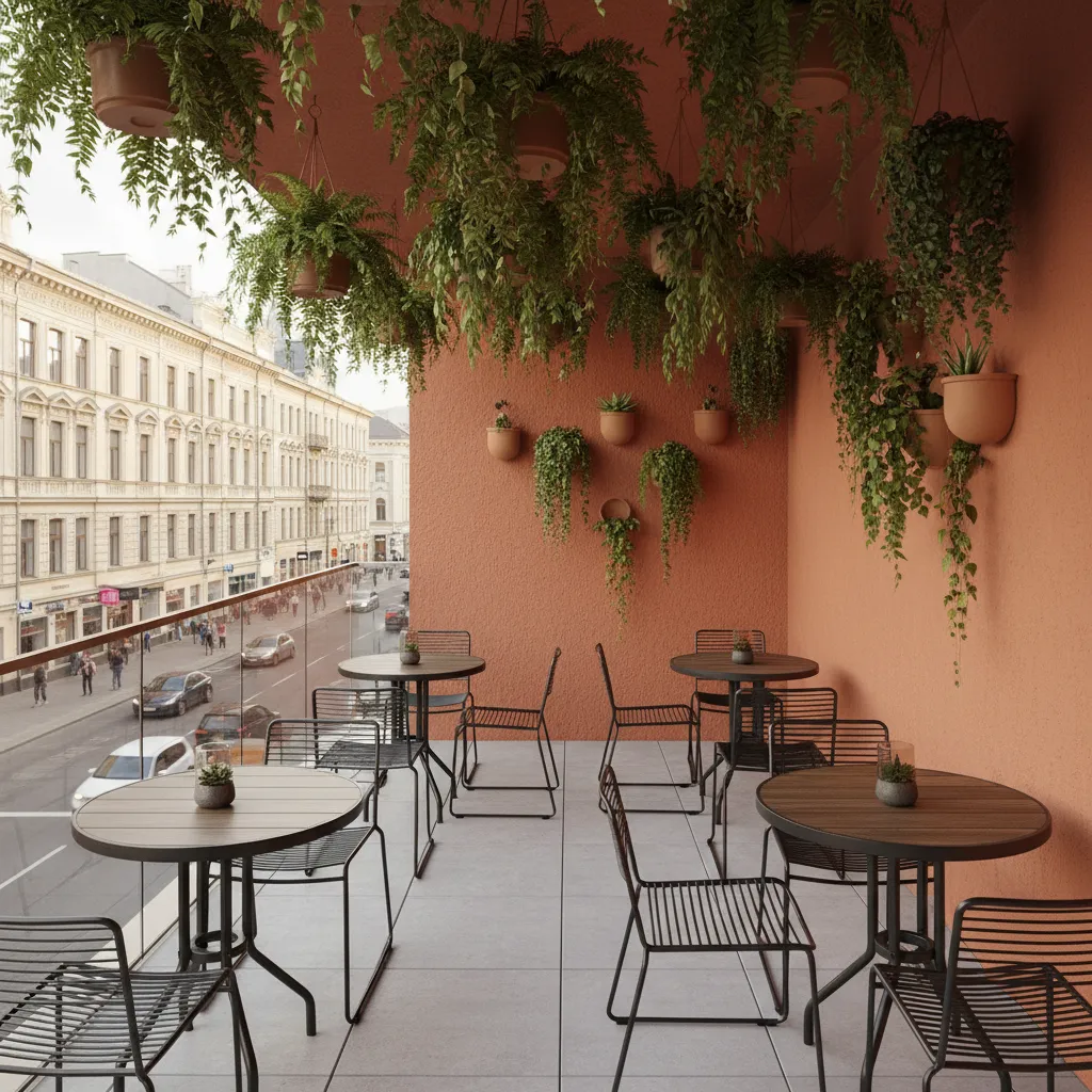Urban cafe balcony with terracotta walls black furniture and plants