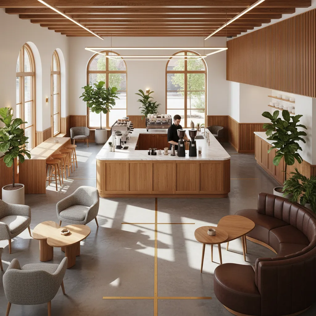 Distribución interior de un café con barra central y mesas alrededor