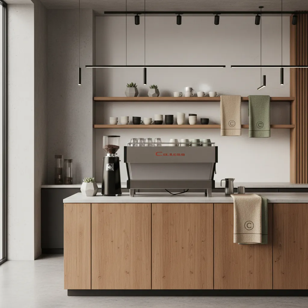 Cafe barista station with branded decorative kitchen towels