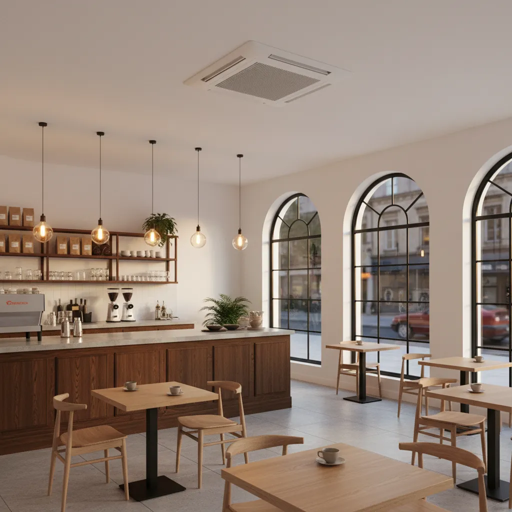 Modern cafe interior with ceiling cassette air conditioner